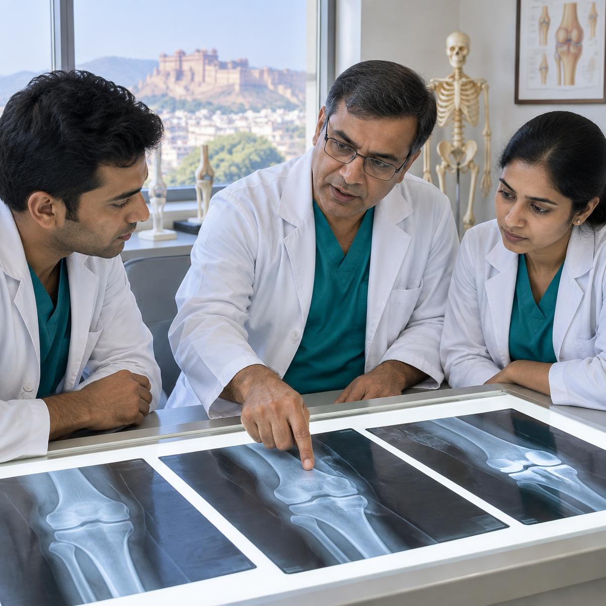 Orthopaedic surgeons reviewing knee X-rays